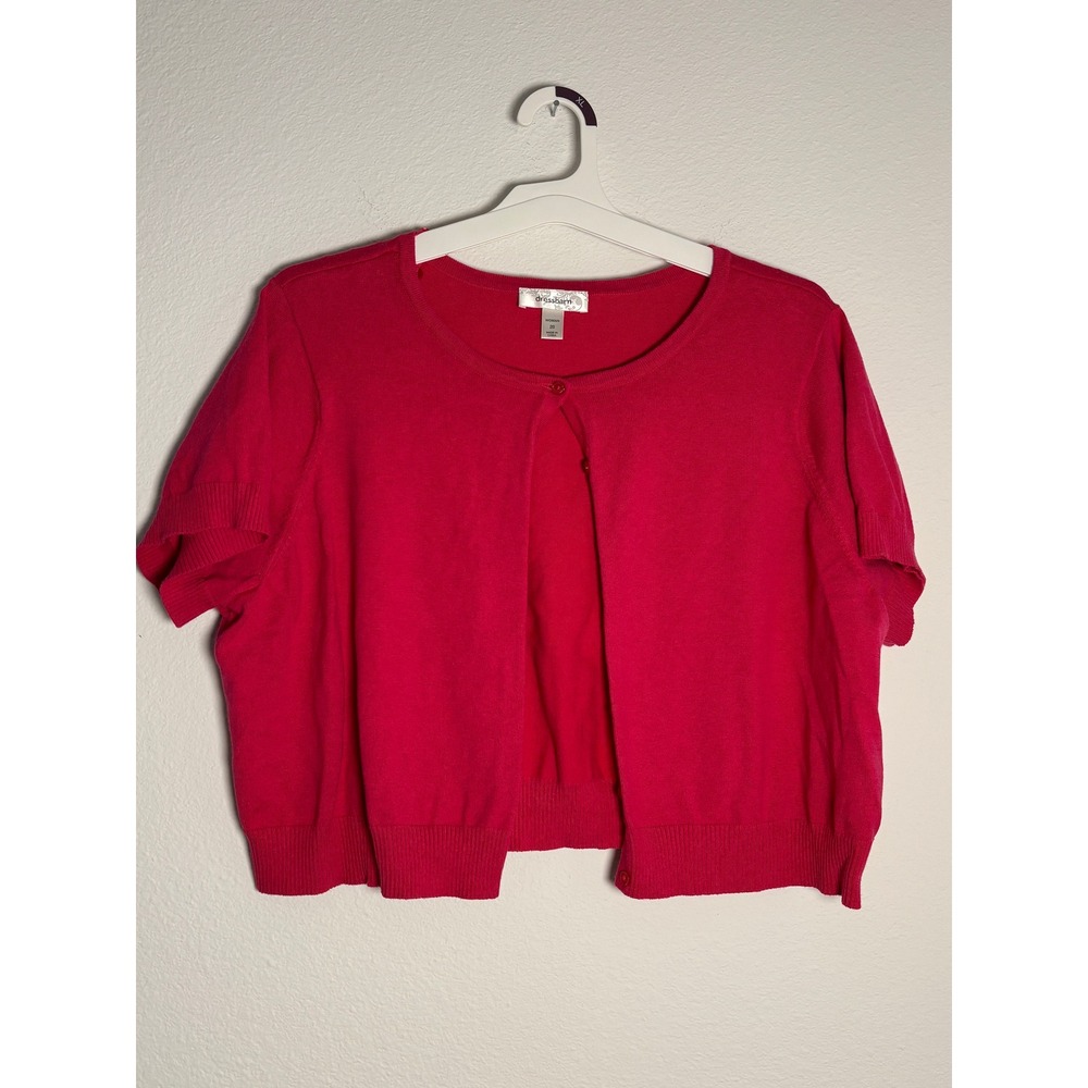 Dressbarn Pink Short Sleeve Cardigan Sweater Cropped Shrug Button Front Size 20